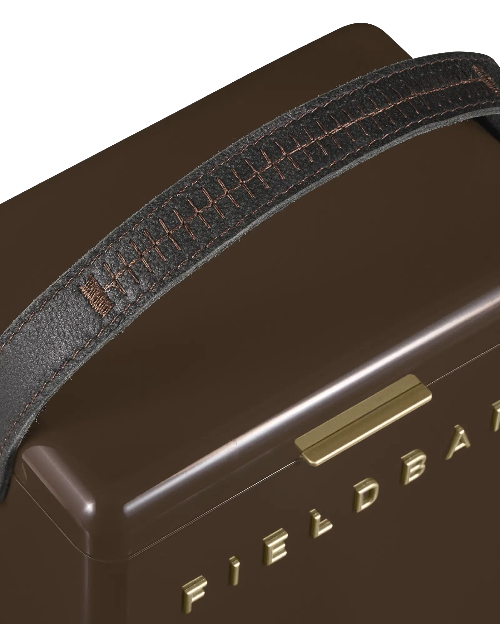 Fieldbar 10L Drinks Box cooler box in Espresso Martini, with the leather sling attached